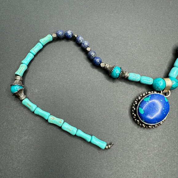 Natural Stone Lapis? Oval Pendant Silver Tone Mixed Beaded Necklace Vintage READ - Picture 5 of 11